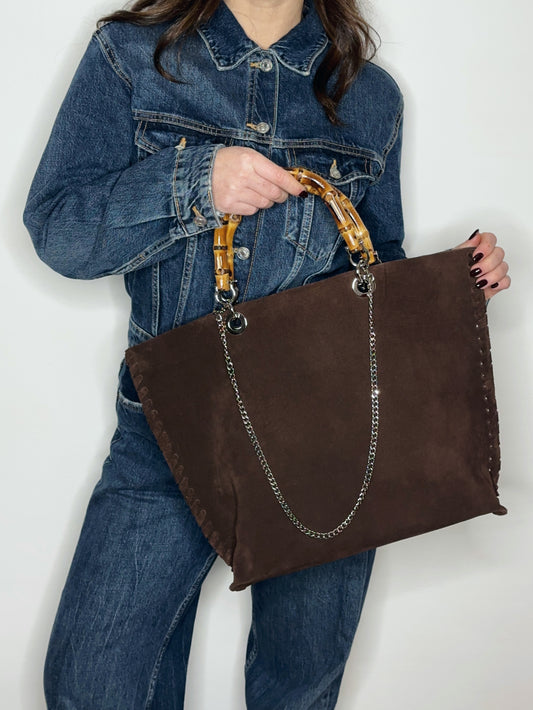 Picnic Bag cioccolato marrone indossata borsa shopping in pelle italiana con manico in bambù