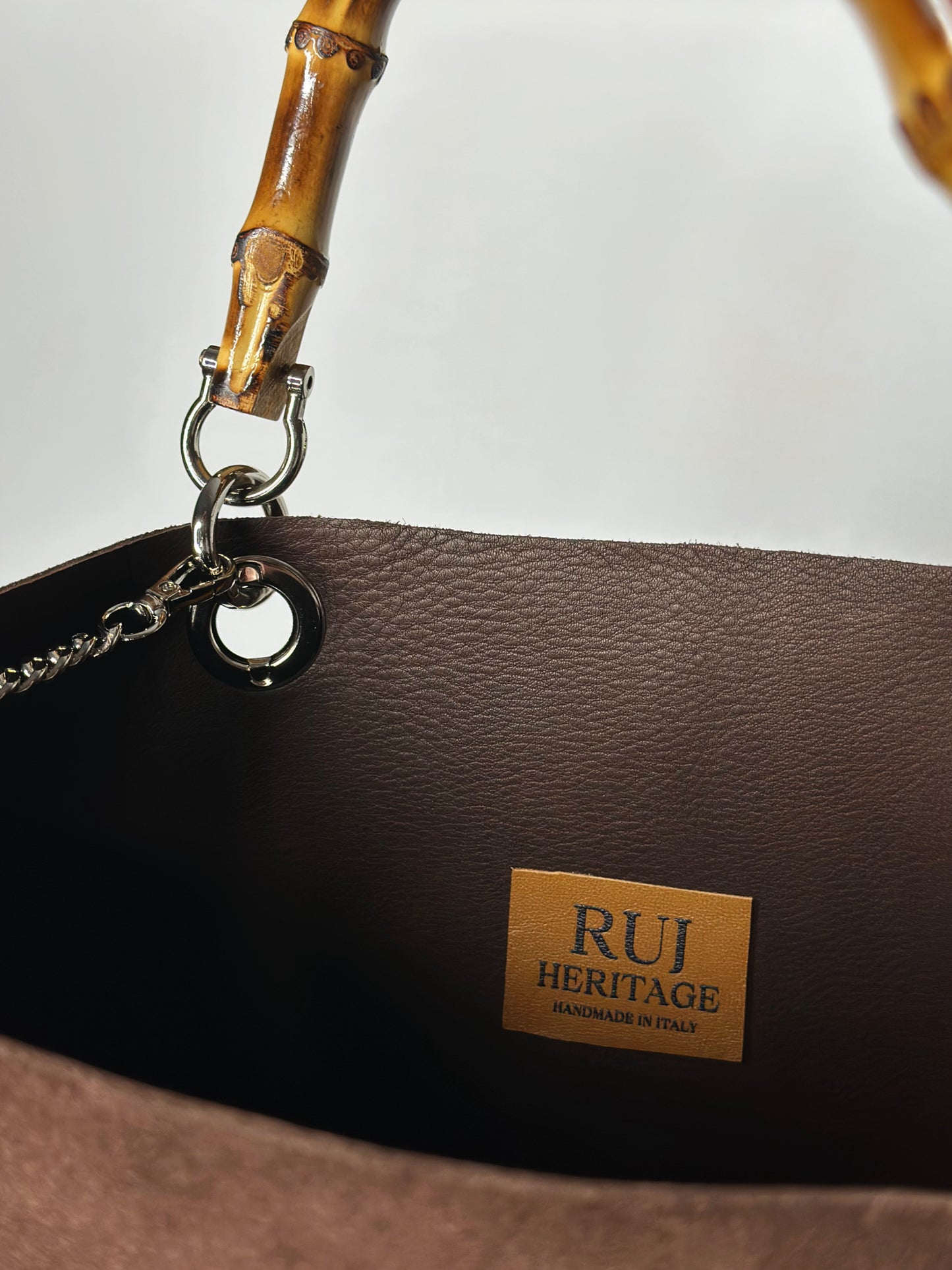 Picnic Bag cioccolato marrone borsa shopping in pelle italiana con manico in bambù interno