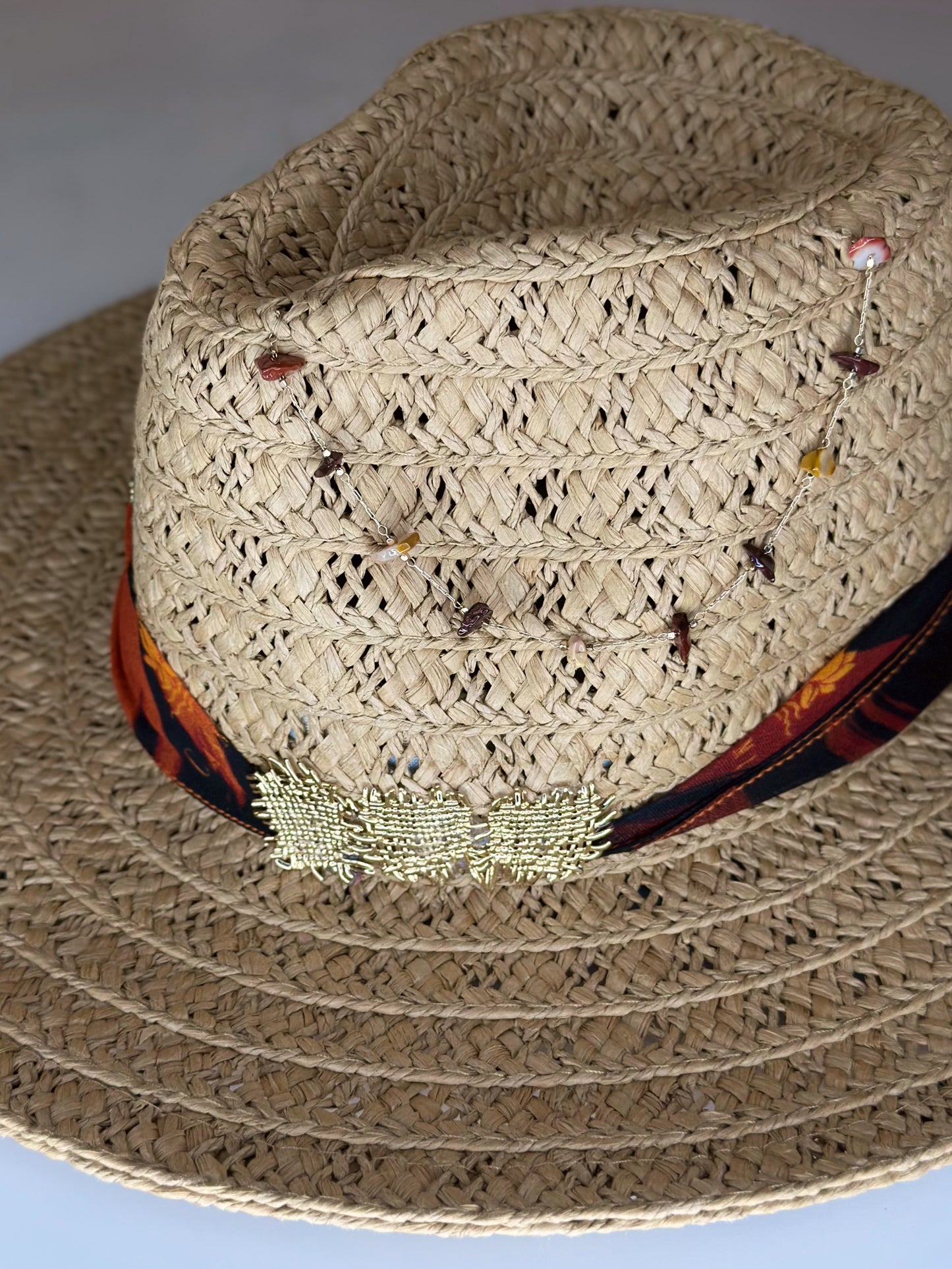 Cappello Fedora Paglia Orange dettaglio charms Ruj Heritage