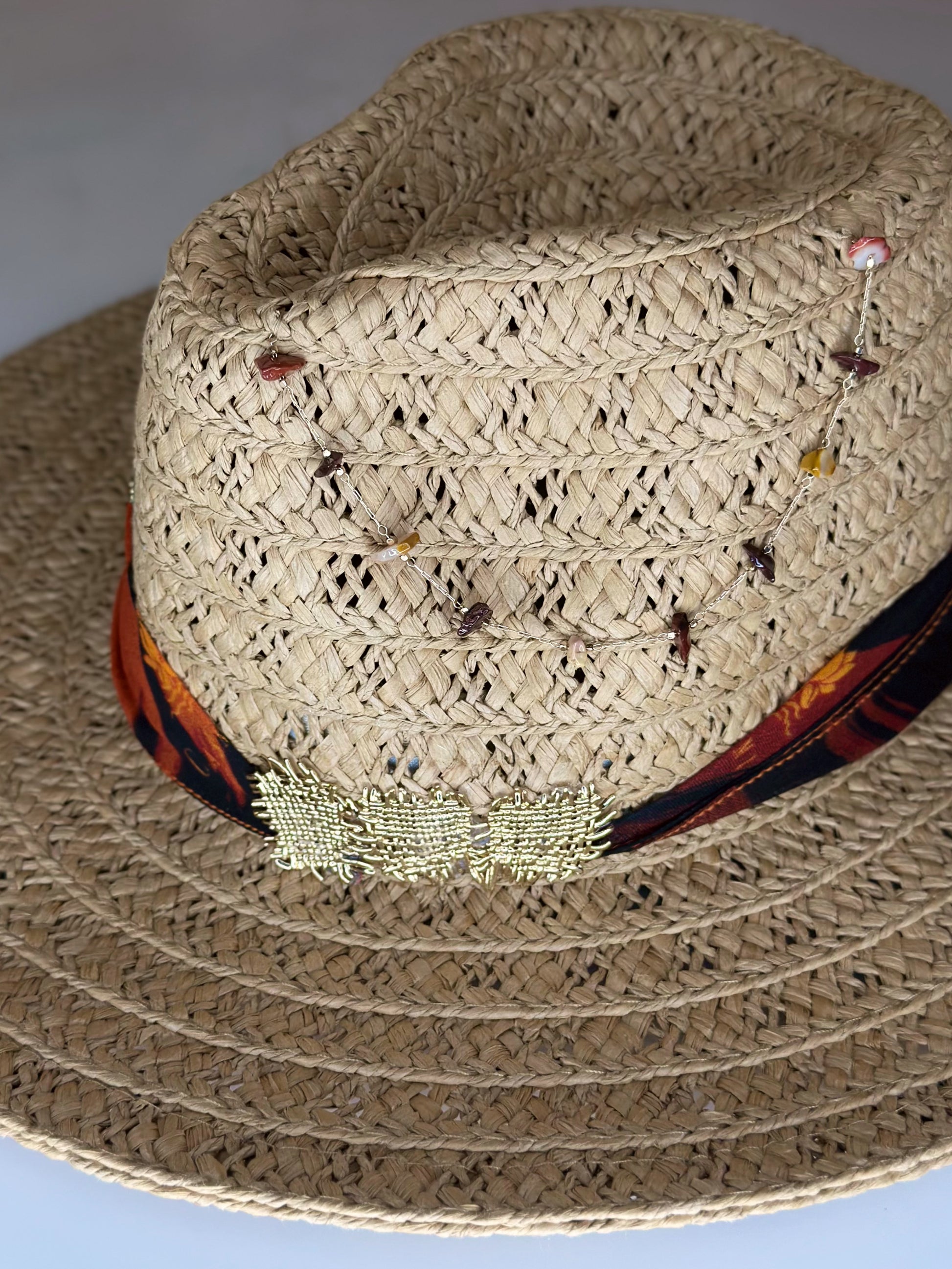 Cappello Fedora Paglia Orange dettaglio charms Ruj Heritage