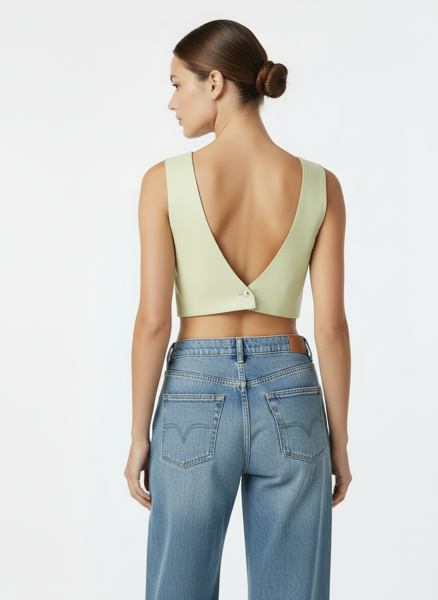 Top crop giallo burro indossato retro Ruj Heritage