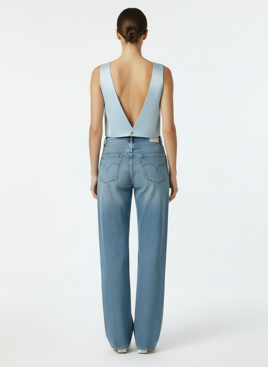 Top crop celeste indossato retro Ruj Heritage