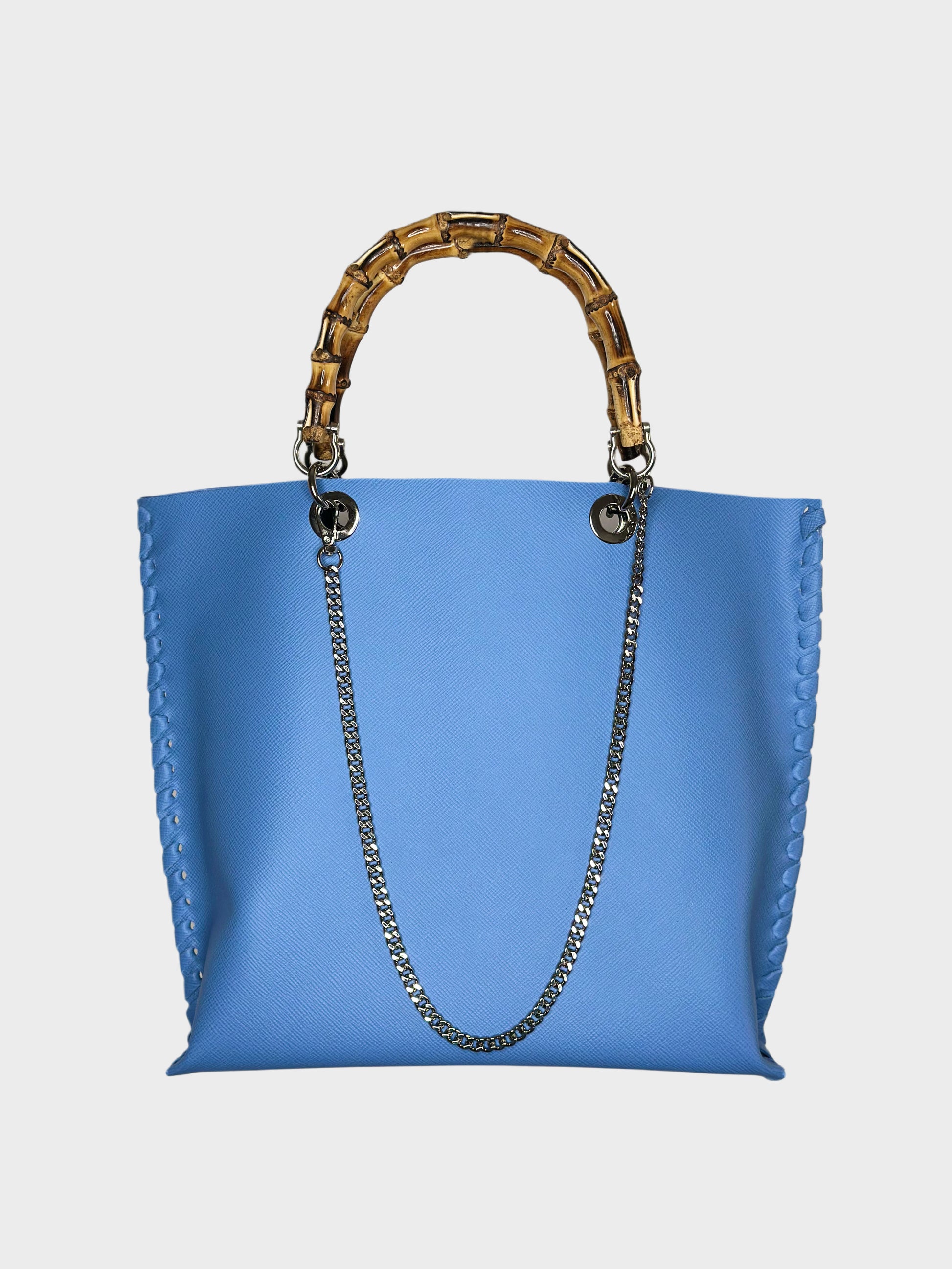 Borsa Picnic celeste in pelle con bambù Ruj Heritage