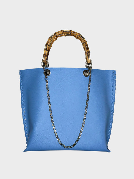 Borsa Picnic celeste in pelle con bambù Ruj Heritage