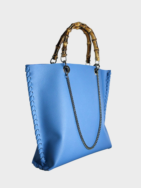 Borsa Picnic celeste in pelle lato con bambù Ruj Heritage