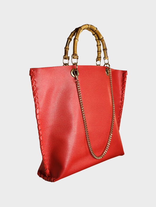 Borsa Picnic rossa in pelle lato con bambù Ruj Heritage