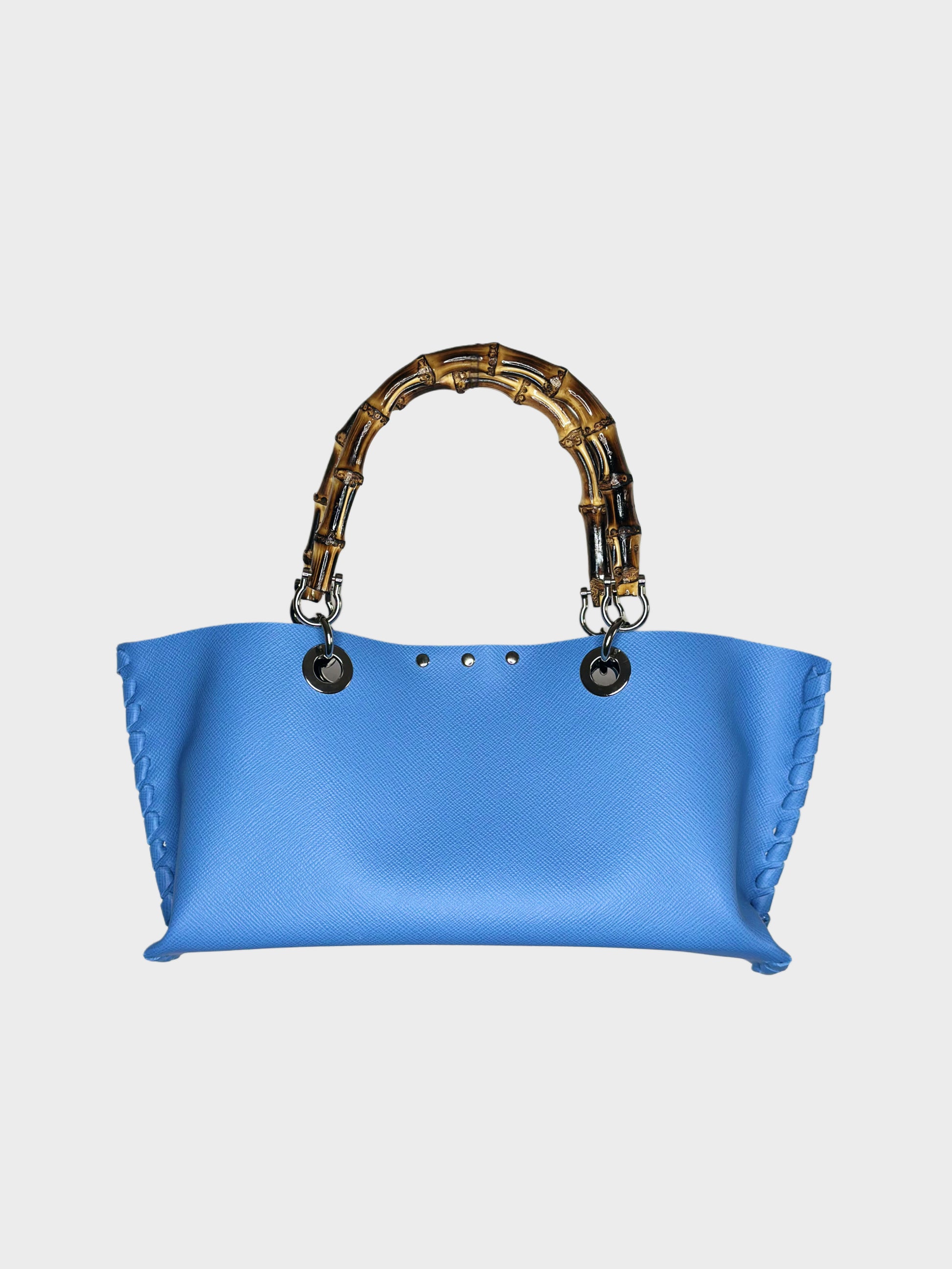 Borsa Mini Picnic celeste in pelle con bambù Ruj Heritage