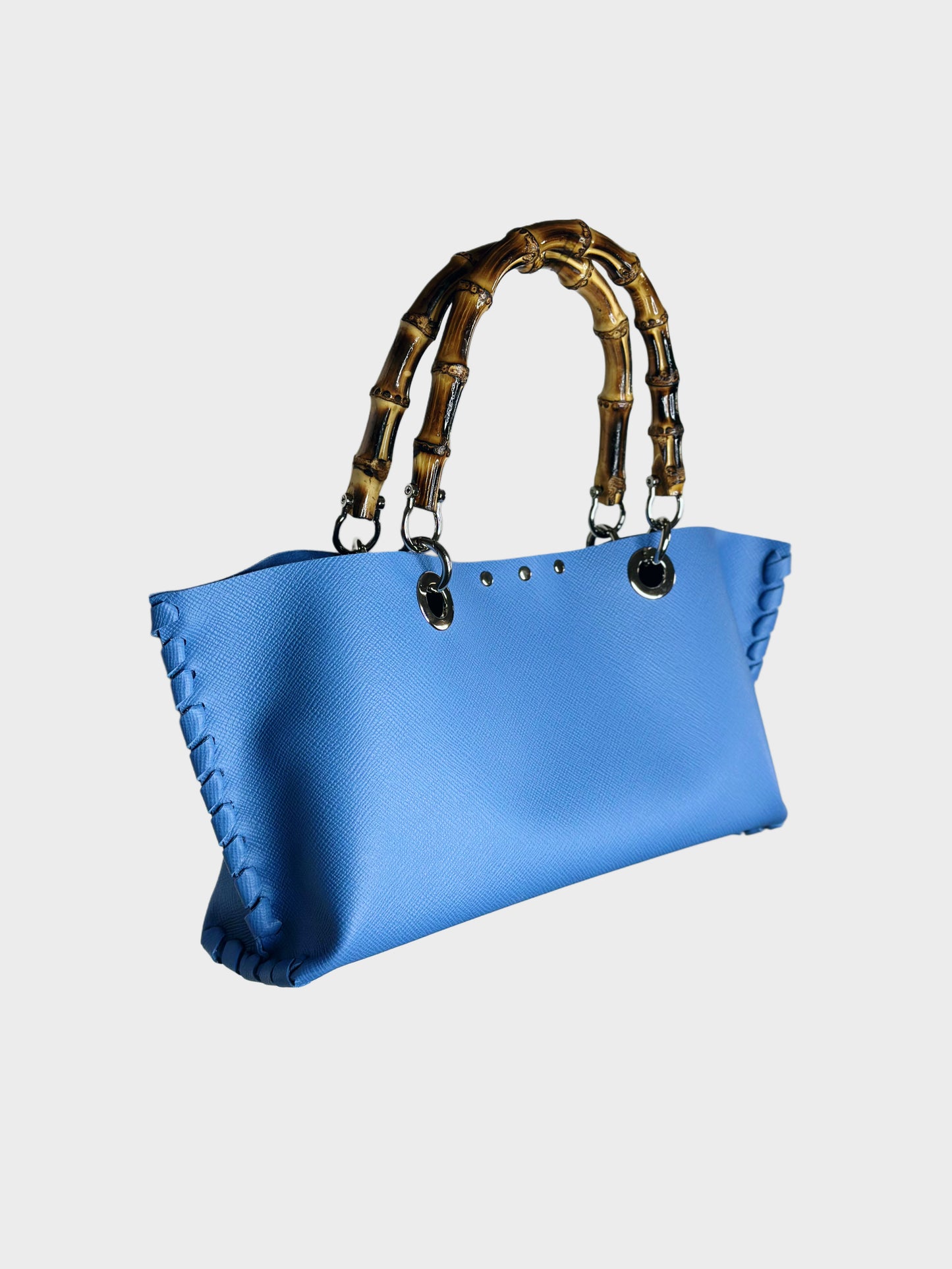 Borsa Mini Picnic celeste in pelle lato con bambù Ruj Heritage
