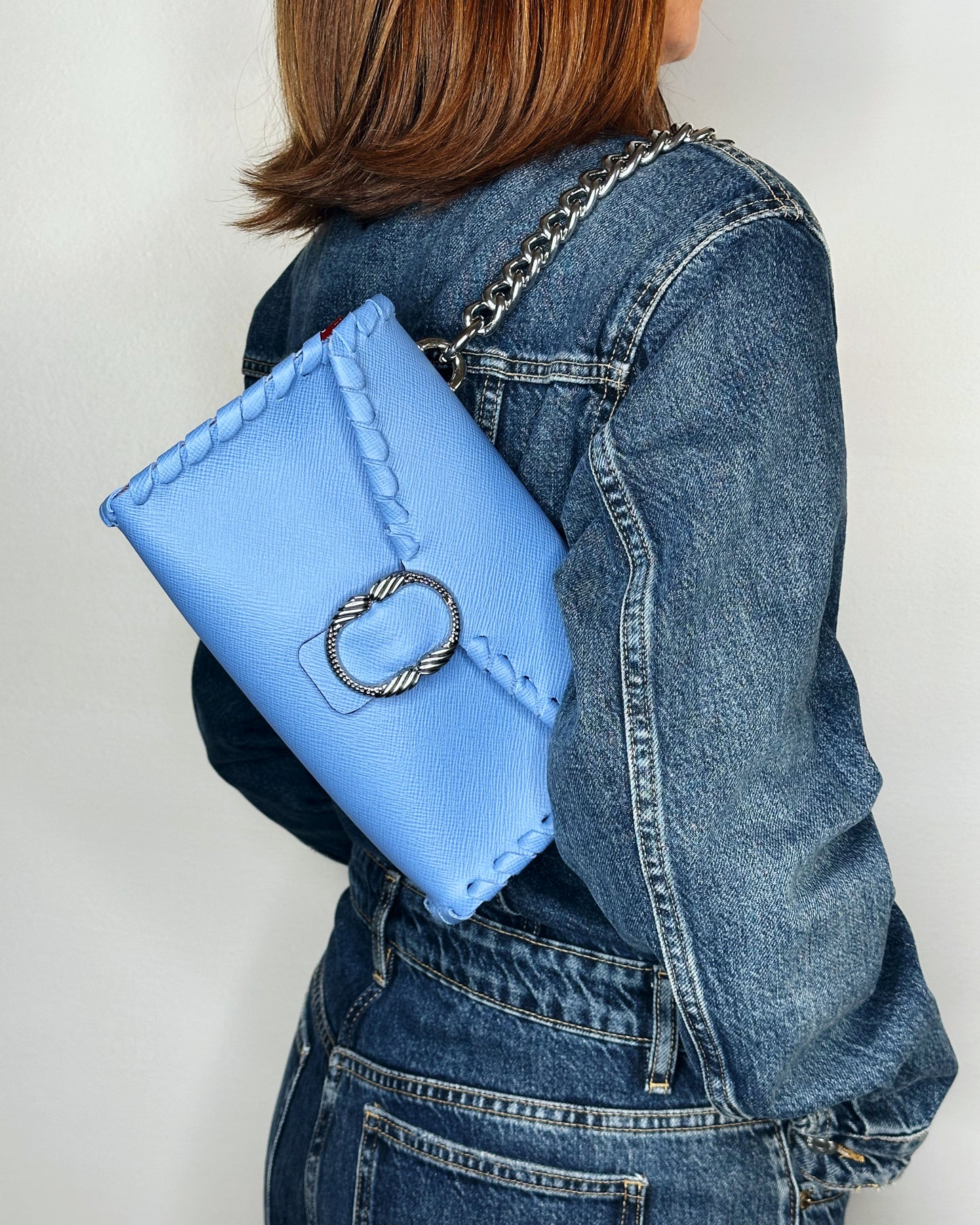 Borsa Mini Shoulder celeste lato indossara Ruj Heritage