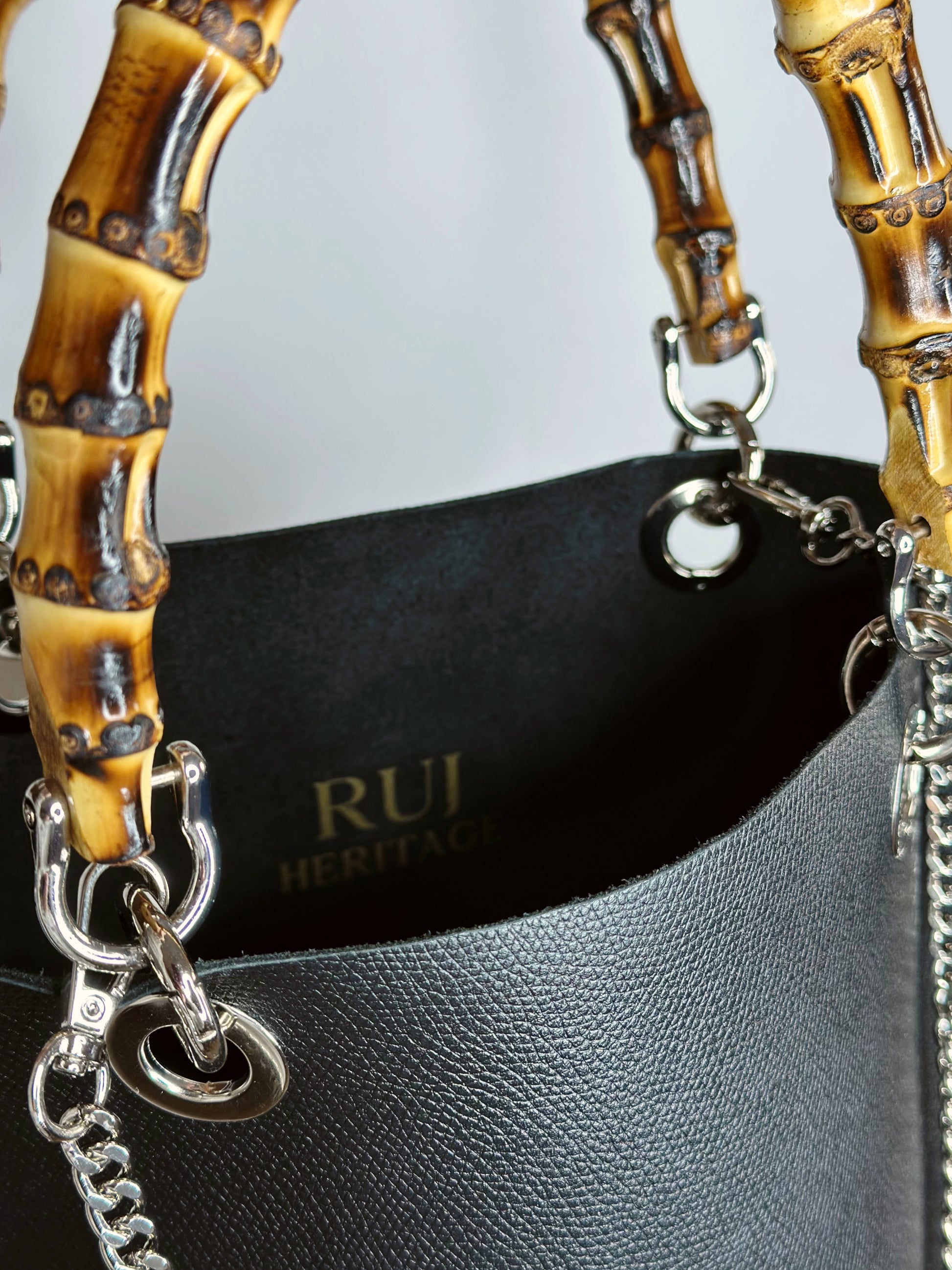 Picnic Bag in pelle nera interno Ruj Heritage