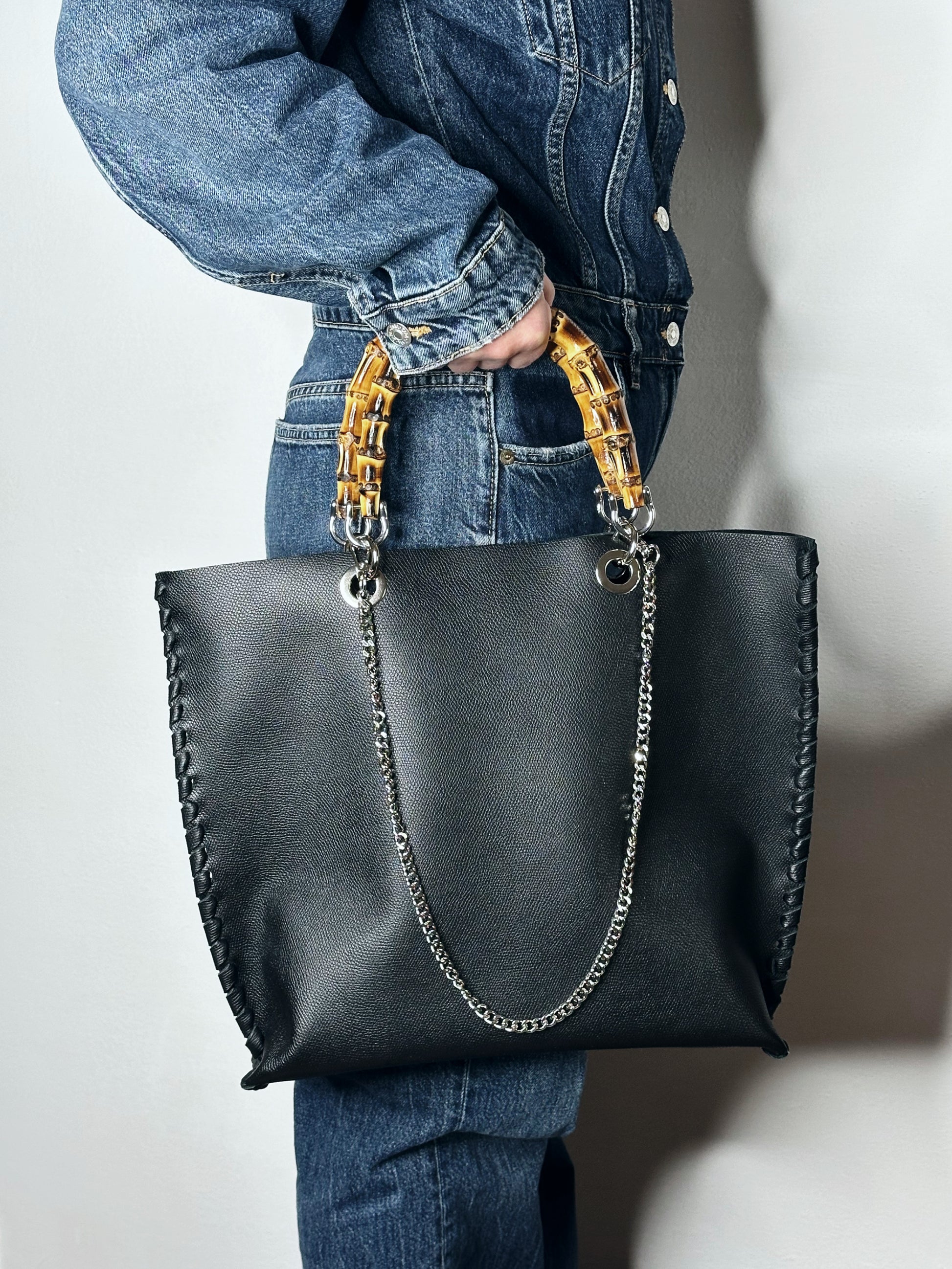 Picnic Bag in pelle nera a mano Ruj Heritage