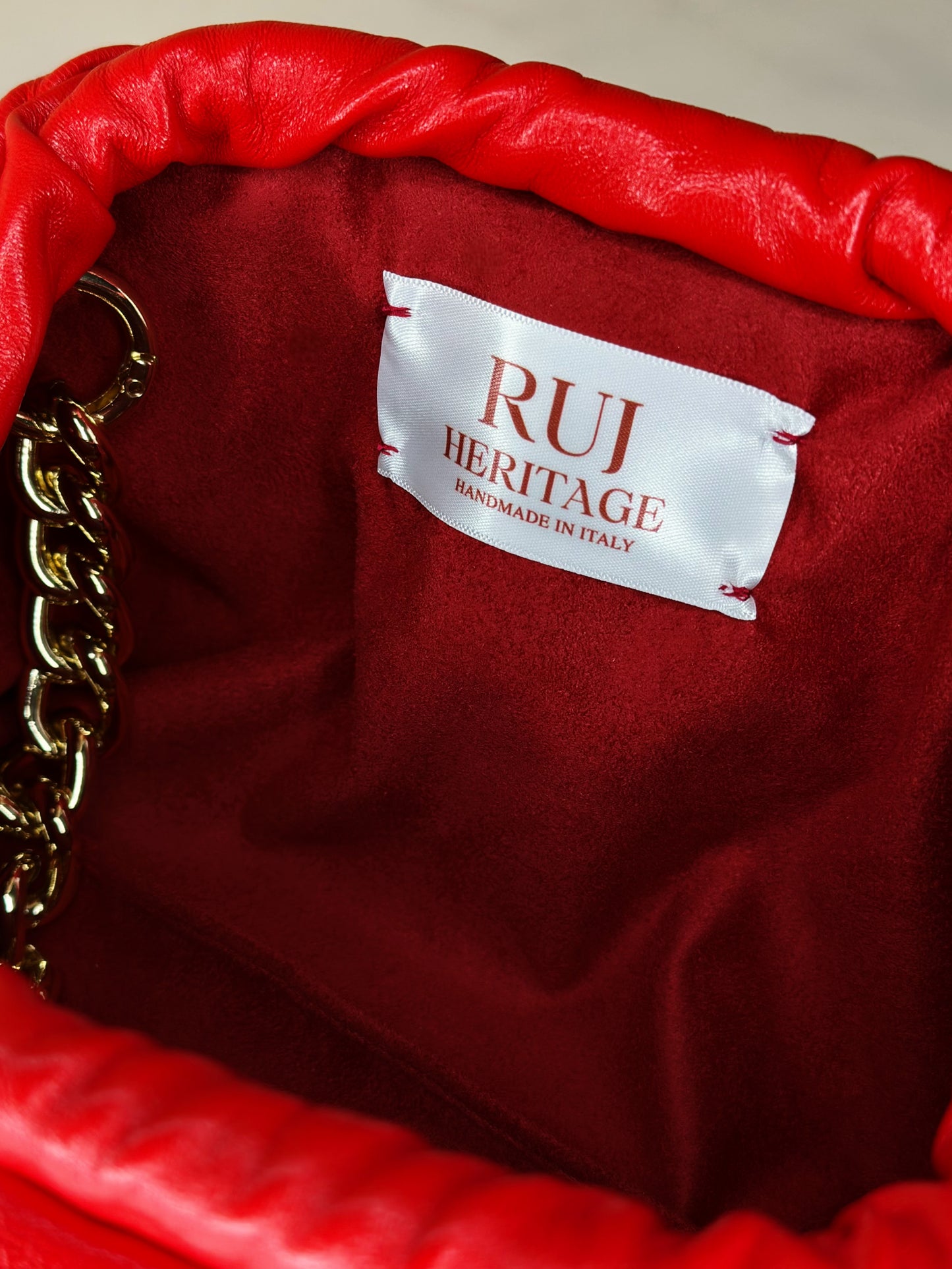 Mini Puffy Bag Rosso Corallo in pelle  interno Ruj Heritage