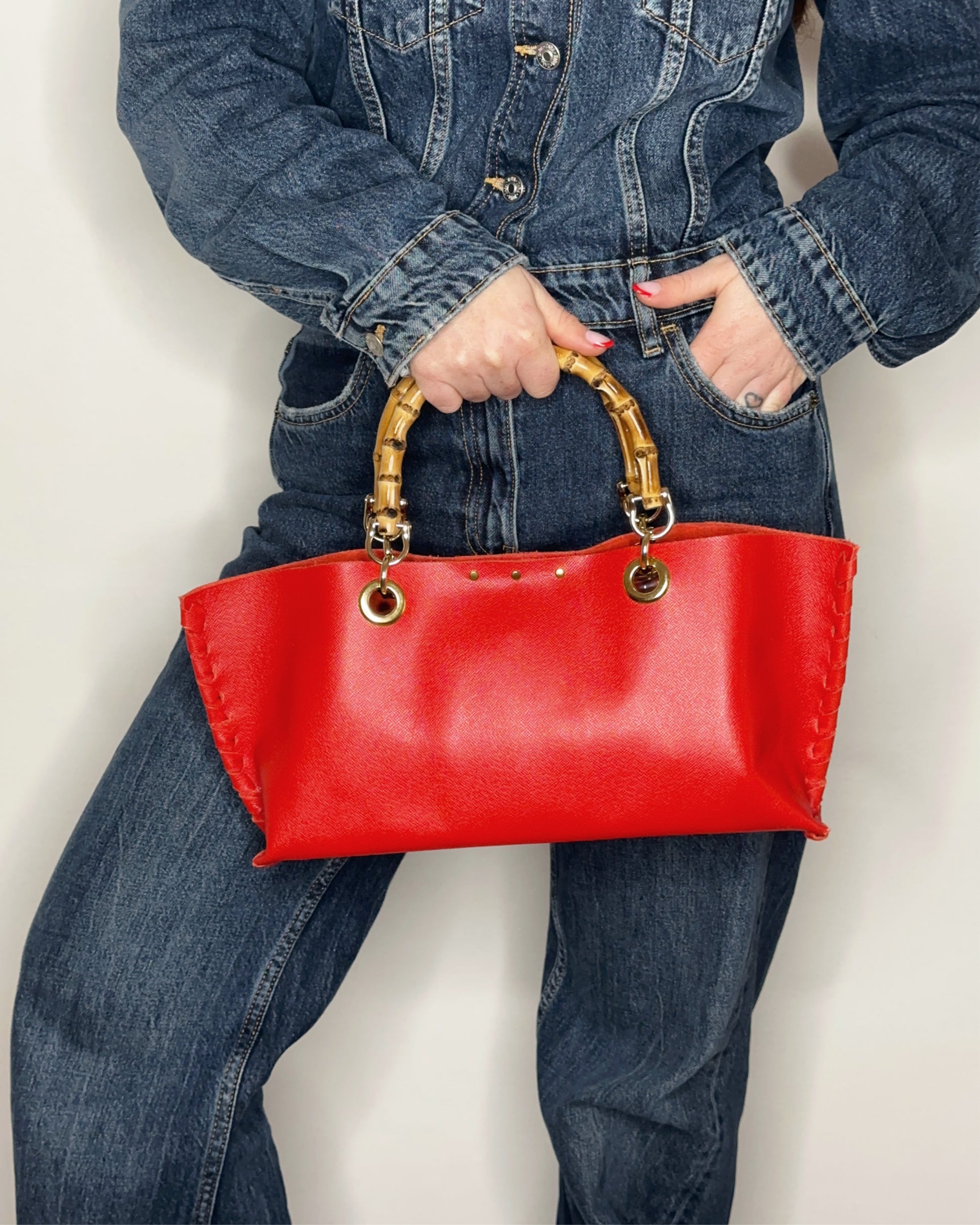Borsa Mini Picnic rosso in pelle a mano bambù Ruj Heritage