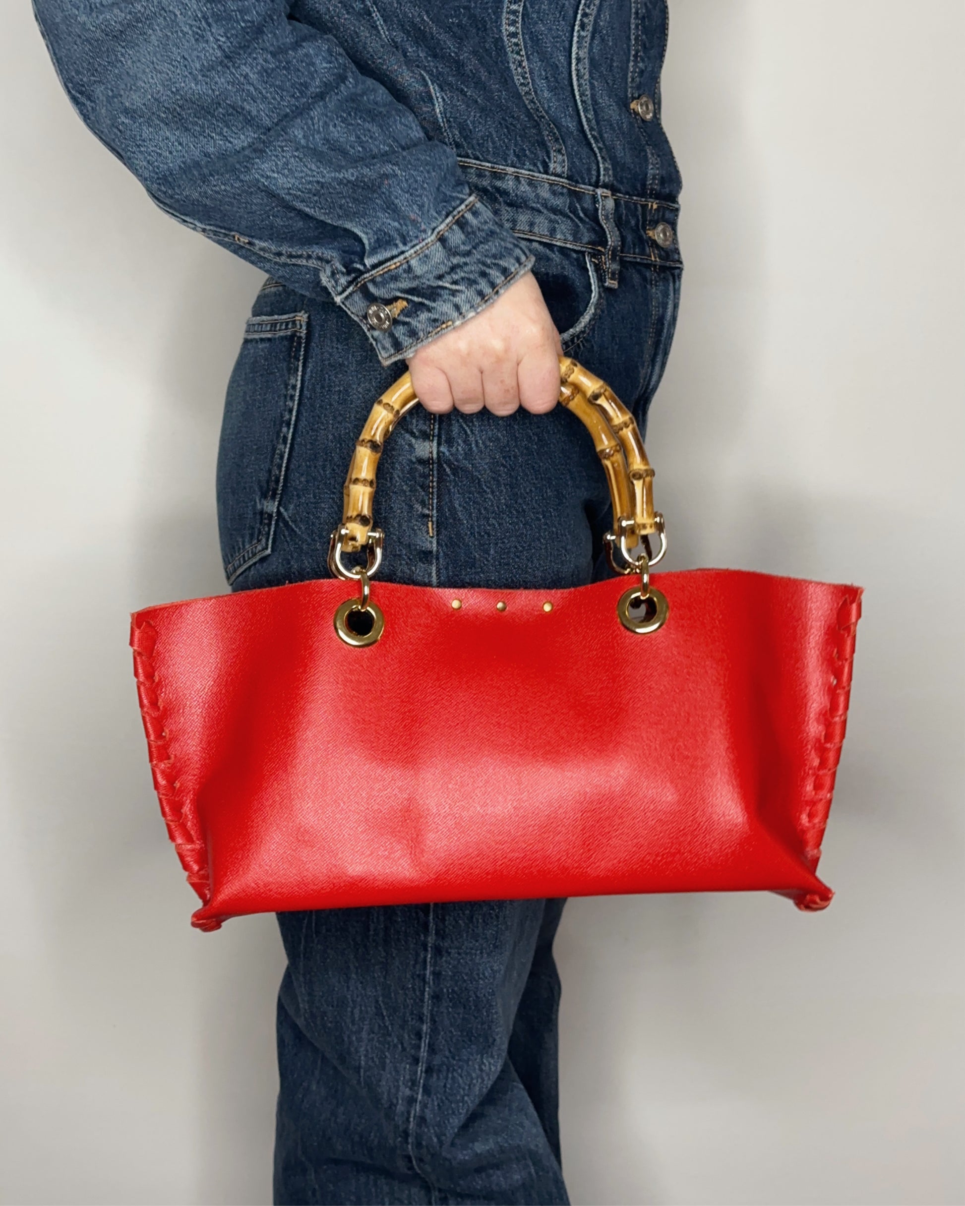 Borsa Mini Picnic rosso in pelle a mano lato bambù Ruj Heritage