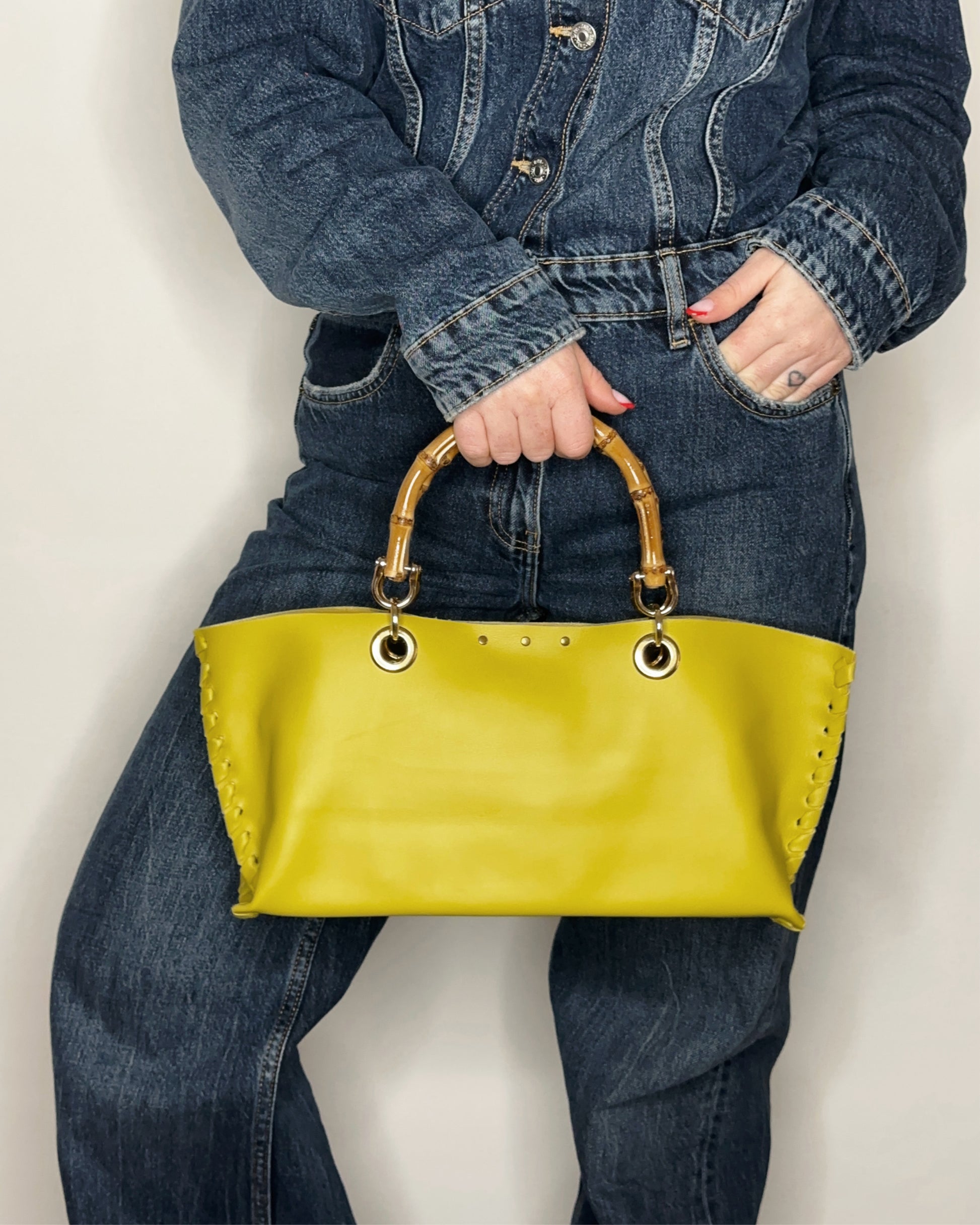 Borsa Mini Picnic Lime in pelle indossata a mano bambù Ruj Heritage